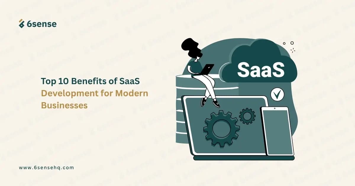 Graphic illustration showing the benefits of SaaS development for modern businesses featuring a person working on a laptop next to a cloud icon labeled SaaS.