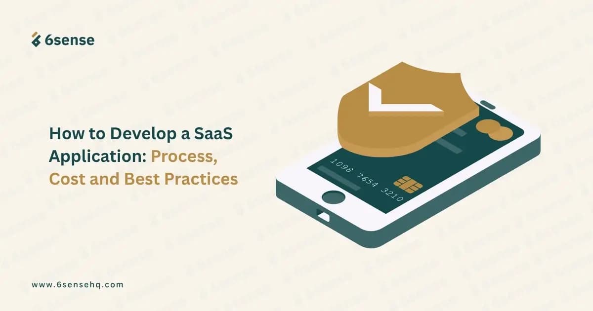 A guide titled "How to Develop a SaaS Application: Process, Cost and Best Practices" featuring an illustration of a secure mobile payment interface.