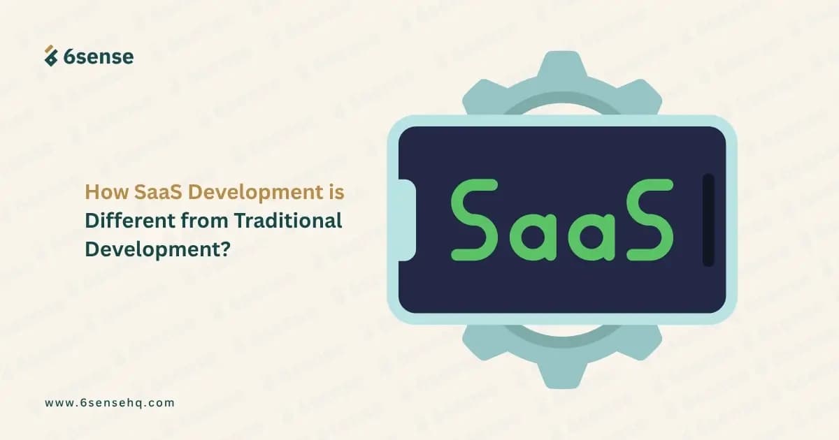 A conceptual graphic titled "How SaaS Development is Different from Traditional Development?" featuring the 6sense logo and a stylized smartphone icon with a large gear behind it, highlighting the SaaS model.