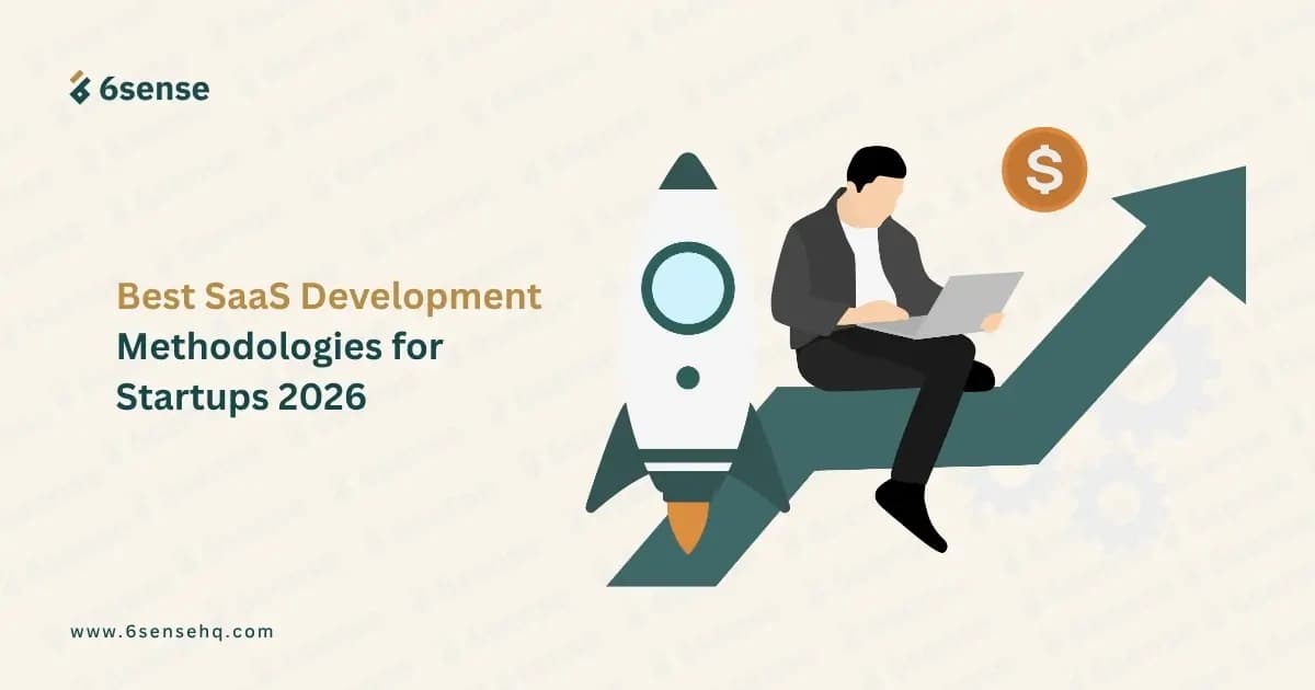 A man working on a laptop while sitting on a rising growth arrow next to a launching rocket, illustrating SaaS development methodologies for startups in 2026.