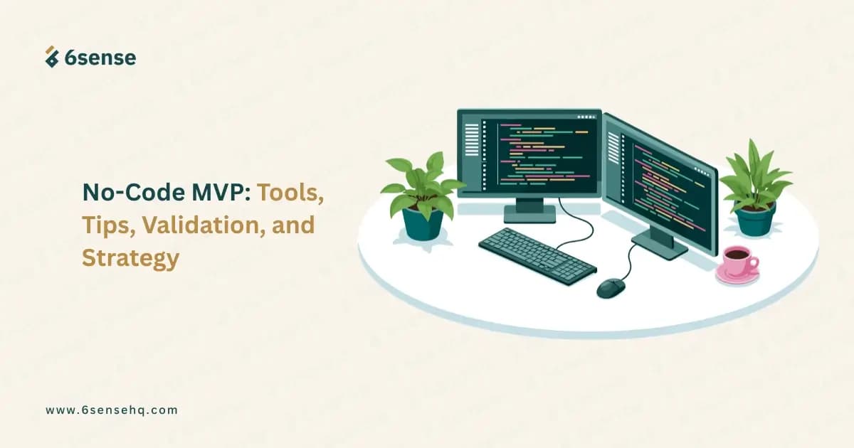 No-code MVP tools, tips, validation, and strategy with a desktop development workspace illustration