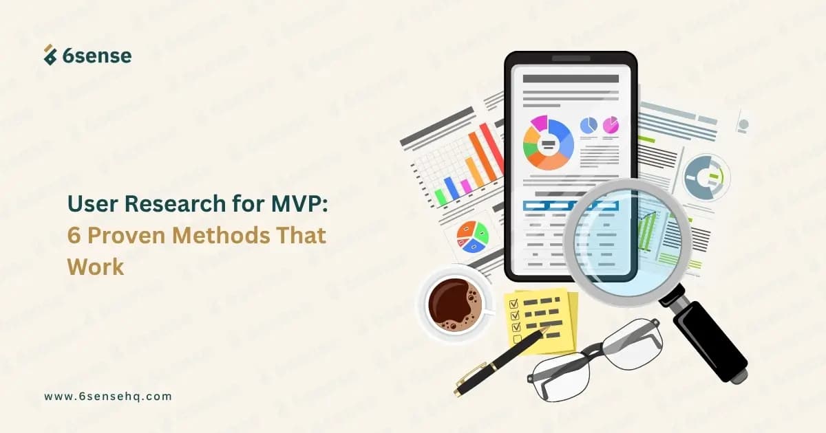User research for MVP with charts, survey notes, and analysis tools showing six proven research methods.