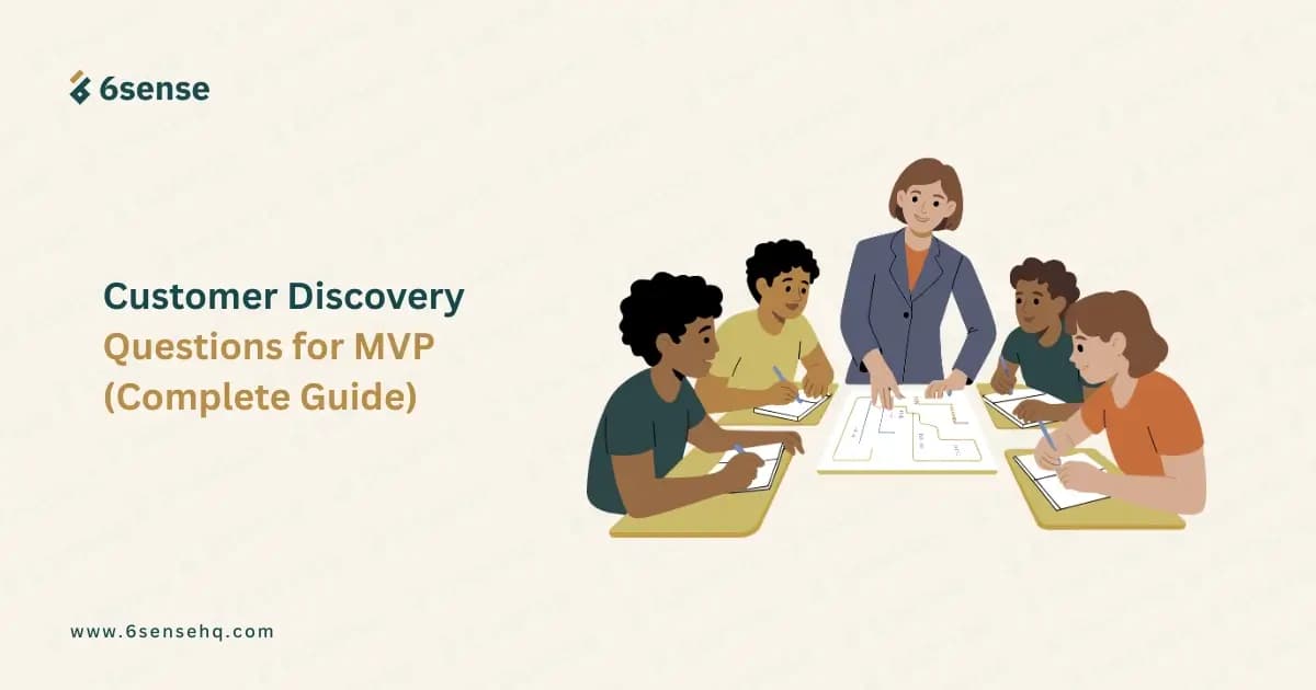 6sense cover slide illustration of a team discussing customer discovery questions for an MVP.