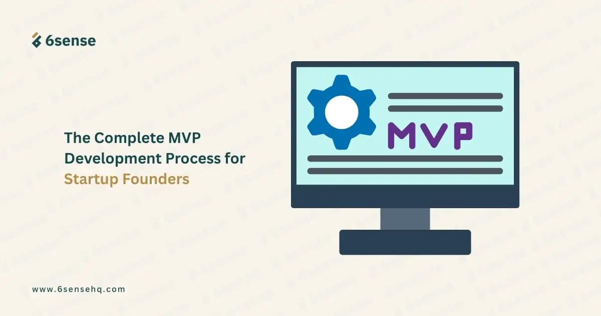 An illustration showing the complete MVP development process for startup founders, featuring a computer monitor with an MVP gear icon.