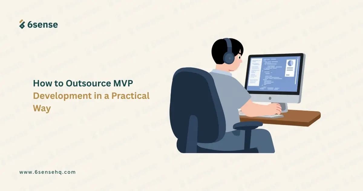 Illustration of a developer working at a computer with text explaining how to outsource MVP development in a practical way.