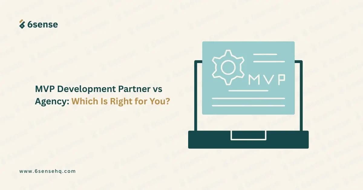A comparison graphic titled "MVP Development Partner vs Agency: Which Is Right for You?" featuring an illustration of a laptop showing a gear icon and the text "MVP."