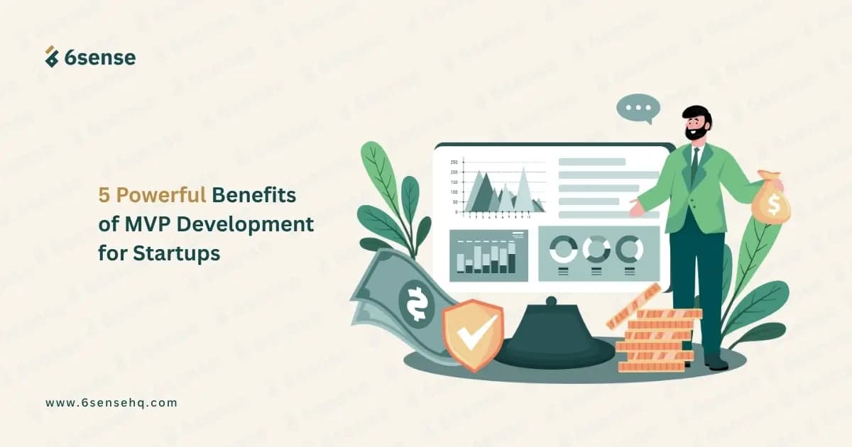 An illustration showing a businessman presenting data charts and financial growth, titled 5 Powerful Benefits of MVP Development for Startups.