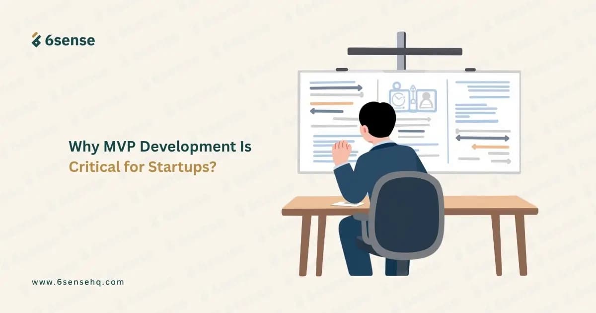 An illustration of a professional analyzing data on a large dashboard, titled "Why MVP Development Is Critical for Startups?" by 6sense.