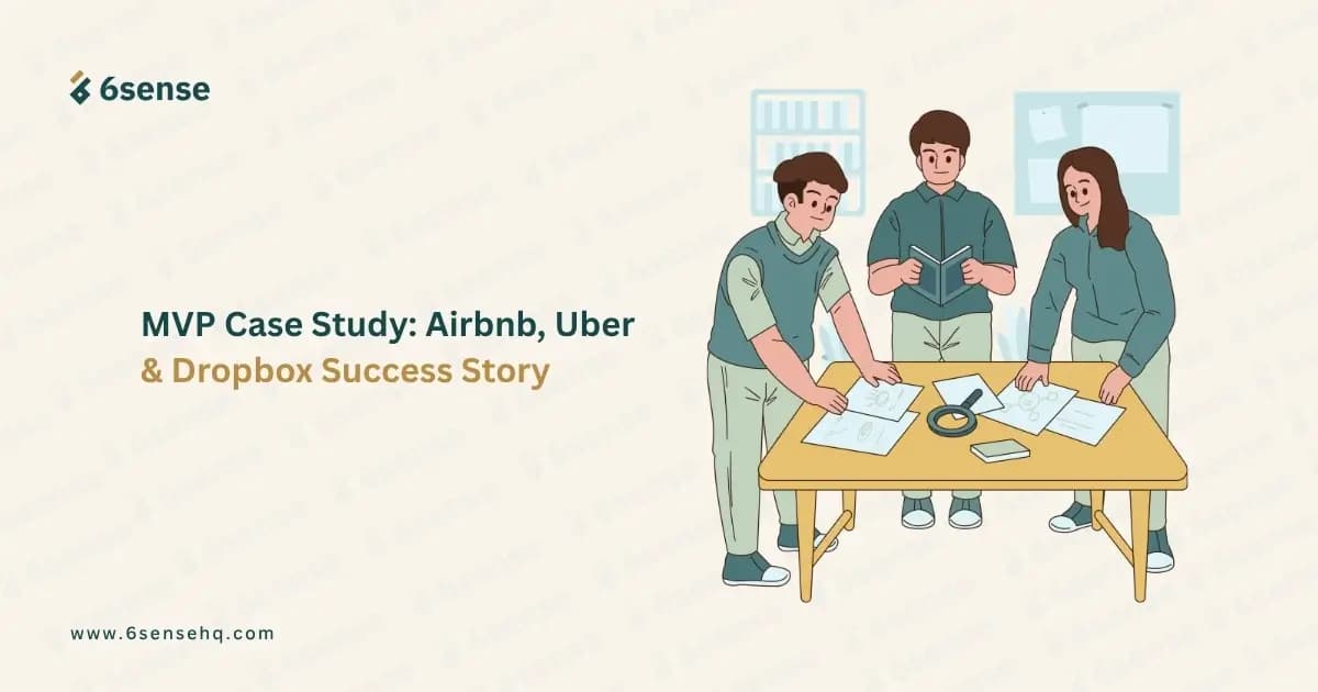 Illustration of a team working on an MVP case study for Airbnb, Uber, and Dropbox success stories.