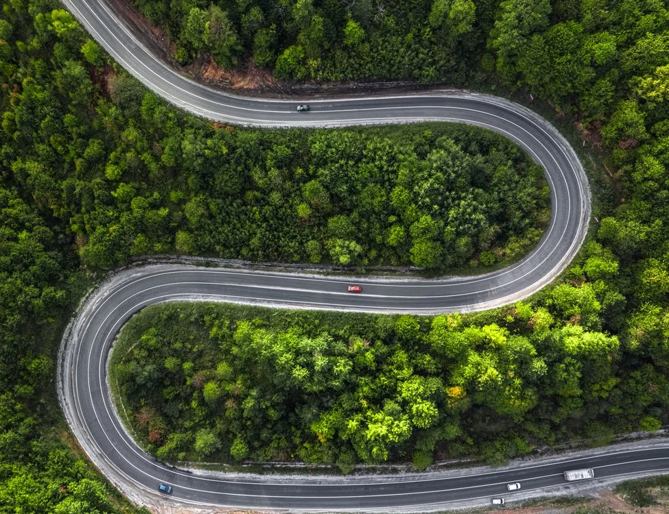 Aerial view of a winding road through dense green forest