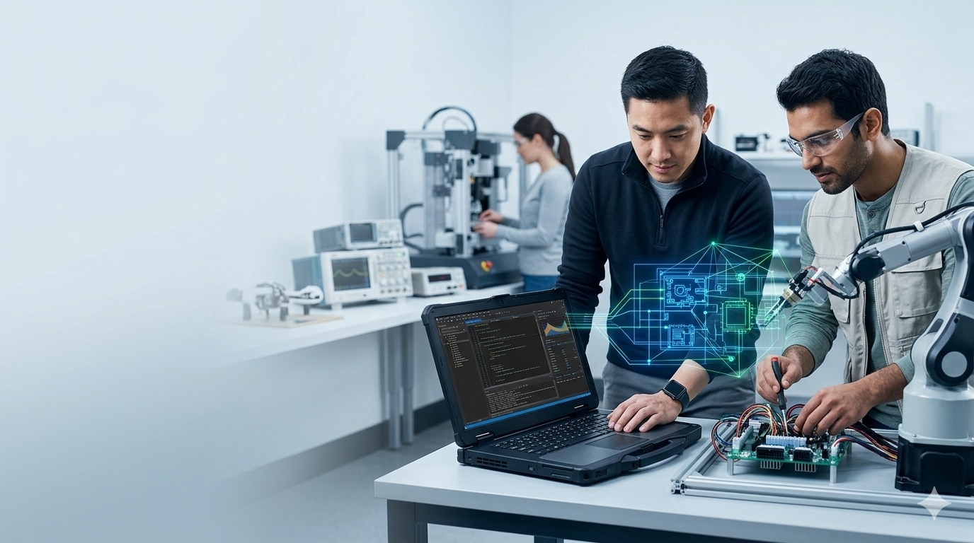 Engineers collaborating on IoT hardware and software