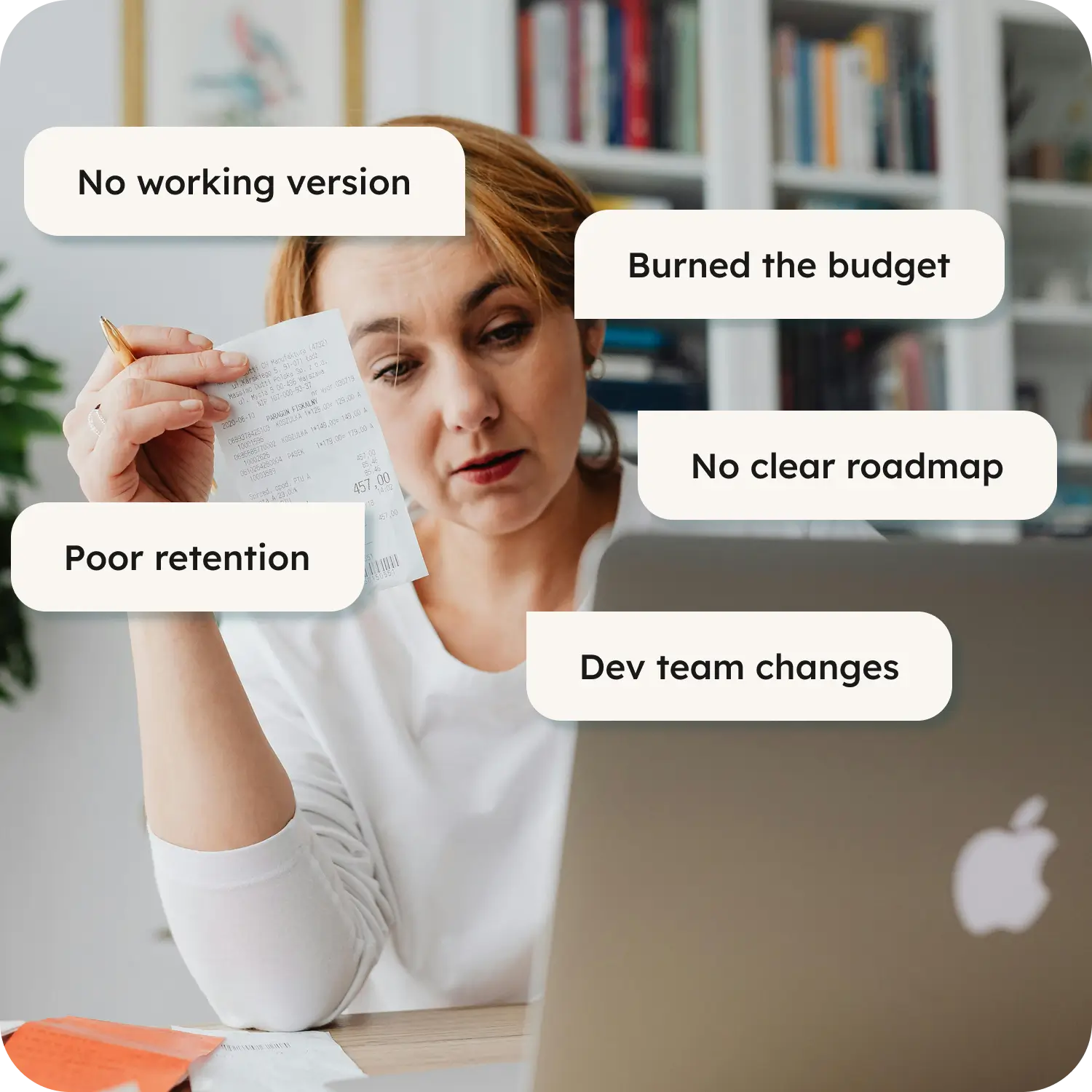 Frustrated founder at a laptop surrounded by app issues like burned budget and poor retention
