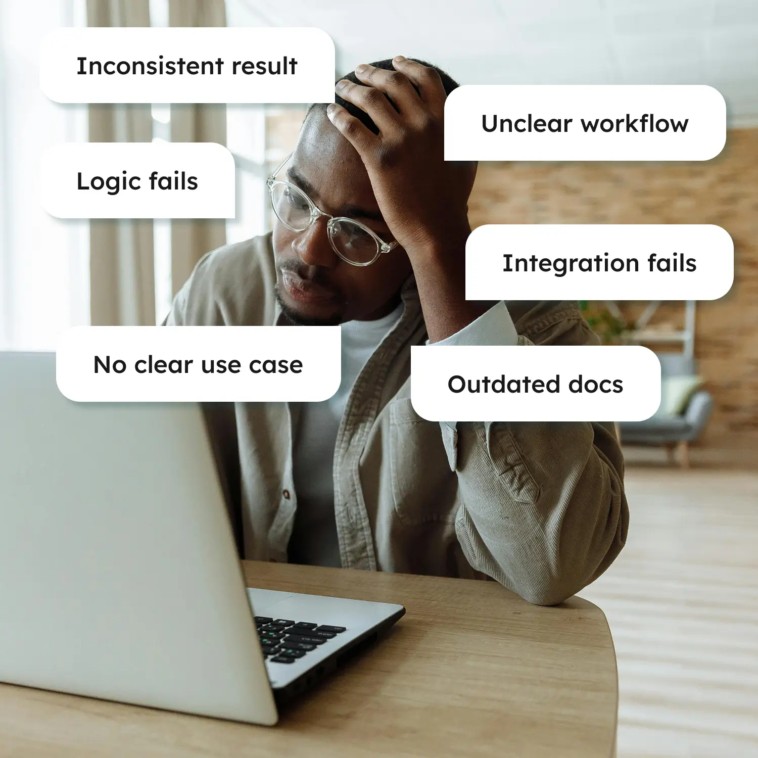 Frustrated founder at a laptop surrounded by IoT issues like integration fails and outdated docs